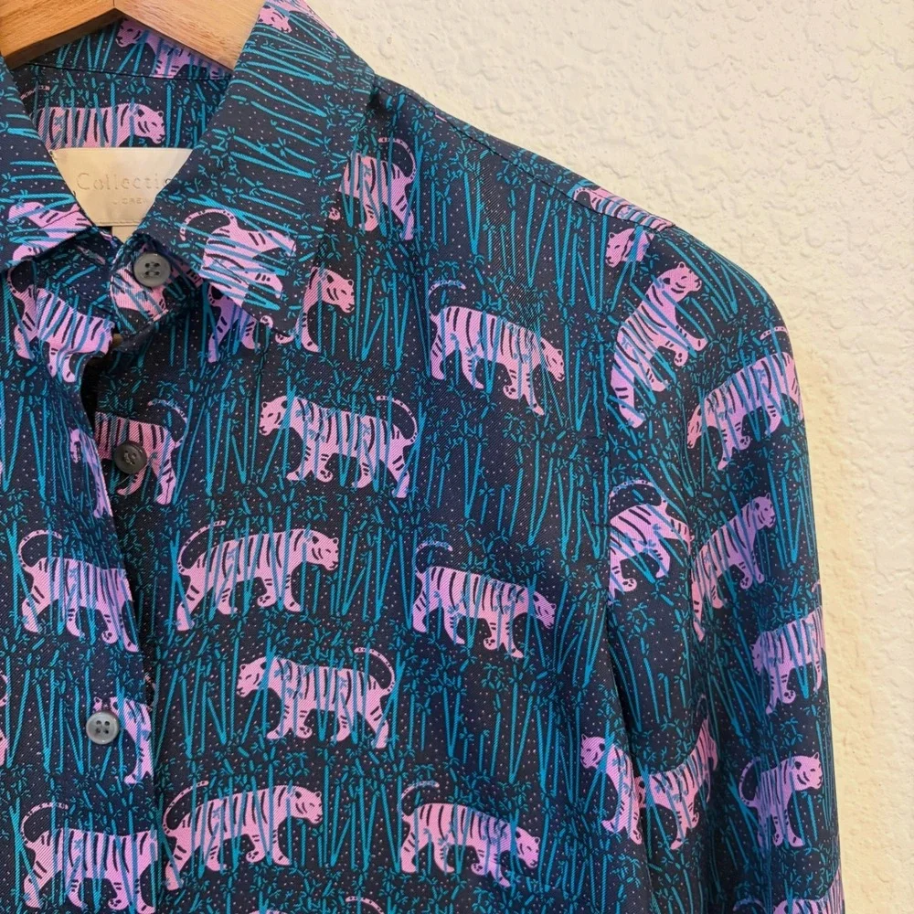 J Crew Collection Silk Tiger Print Blouse Top 00 Maximalist Statement Button Up